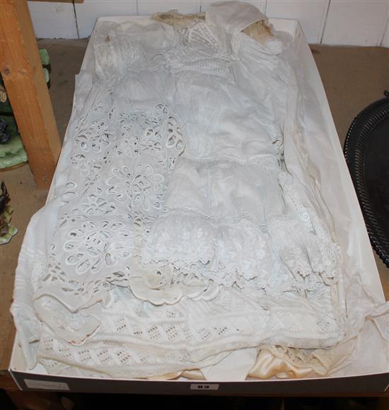 19C lace christening gown & bonnet, an Anglaise worked gown & 2 others